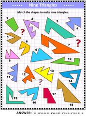 IQ and spatial reasoning skills training math visual puzzle: Match the shapes to make nine triangles. Answer included.