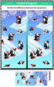 Winter, Christmas or New Year themed visual puzzle with happy playful penguins: Find the ten differences between the two pictures. Answer included.
