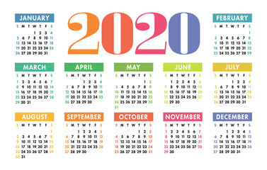 Calendar 2020 vector pocket basic grid. Simple design template