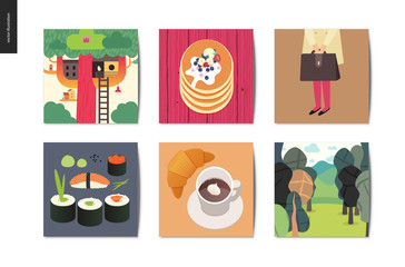 Simple things - cards - flat cartoon vector illustration of treehouse, stack of pancakes, school girl, briefcase, sushi, rolls, croissant, coffee, forest, wood, nature - summer postcards composition
