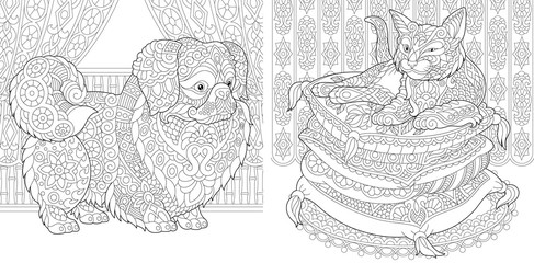 Cat on pillows. Pekingese or Japanese Chin Dog. Coloring Pages. Adult Coloring Book idea. 