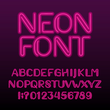 Neon light alphabet font. Neon color letters and numbers. Stock vector typeset for your design.