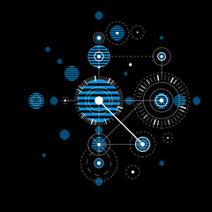 Bauhaus art composition, decorative modular blue vector wallpaper with circles and grid. Retro style pattern, graphic backdrop for use as booklet cover template.