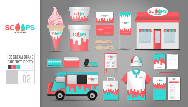 Corporate identity template Set 2. Logo concept for ice cream shop, cafe, restaurant. Realistic mock up template set of shop, car, polo shirt, cap, cup, menu, rubber stamp, coupon, package, cardboard.