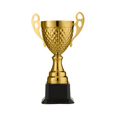 one metal sports cup stands on white background, gold cup