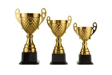 three metal sports cups stand on a rank on a white background, gold cups