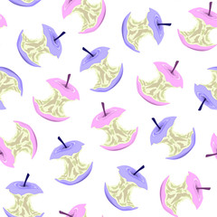 Bitten pink and purple apples seamless pattern. White background.