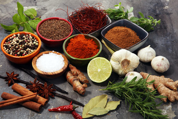 Spices and herbs on table. Food and cuisine ingredients.