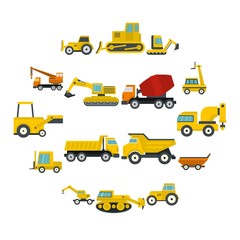 Building vehicles icons set in flat style isolated vector illustration