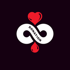 Blood donation inscription isolated on white and created with vector red blood drops, heart shape and infinity symbol. Medical theme graphic logo for use in charitable organizations.
