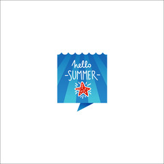 Hello Summer, doodle handdrawn lettering composition on sea blue speech bubble shape for your logo