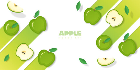 Fresh green apple fruit background in paper art style , vector , illustration