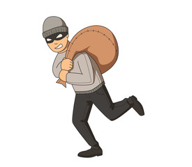 Masked bandit running with bag on his shoulder. Flat vector illustration. Isolated on white background.