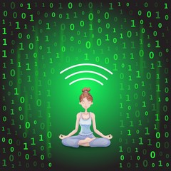 Digital detox and meditation. Meditating young woman protecting herself from shower of information. Flat vector illustration.