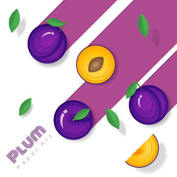 Fresh plum fruit background in paper art style , vector , illustration
