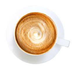 Top view of hot coffee latte cappuccino spiral foam isolated on white background, clipping path included