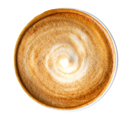 Top view of hot coffee latte cappuccino spiral foam isolated on white background, clipping path included