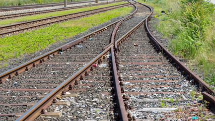 Obraz premium railway soft with powerlines and blue sky
