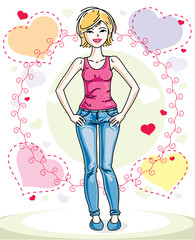 Young beautiful blonde woman posing on bright background with loving hearts and wearing casual clothes. Vector attractive female illustration. Valentine day theme cartoon.