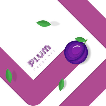 Fresh plum fruit background in paper art style , vector , illustration