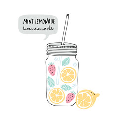 Fototapeta na wymiar Hand drawn glass jar with lemonade made of lemon slices, strawberry fruit, mint and elderflower. Speech bubble with handwritten text. Vector illustration doodle, sketch.