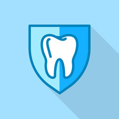 Tooth on shield logo icon. Flat illustration of tooth on shield vector logo icon for web design
