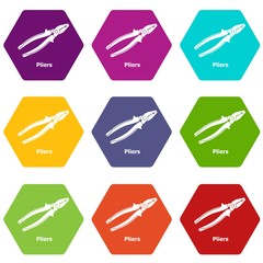 Pliers icons 9 set coloful isolated on white for web