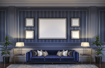 Contemporary interior in blue tones with a sofa and striped wallpaper. 3d rendering