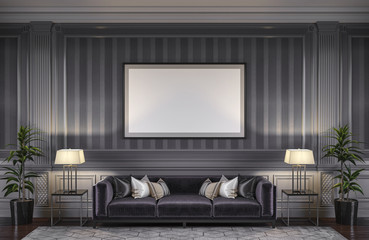Contemporary interior in grey tones with a sofa and striped wallpaper. 3d rendering