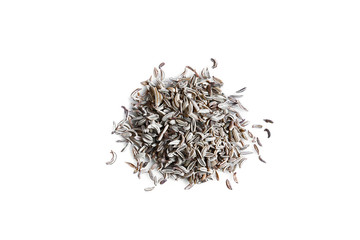 Pile of cumin seeds isolated on white background