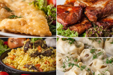 Traditional Tatar cuisine, pilaf in a cauldron, manta rays on a white plate, chebureks, fried chicken on a grill. Halal Tatar food., a set of dishes made in one set