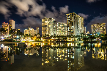 Waikiki Beach Skyline at Night in Honolulu / Hawaii