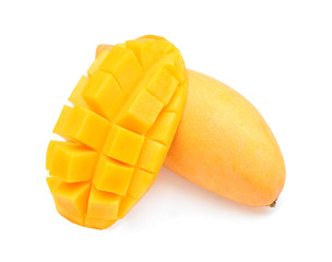 whole of ripe mango and  slice cut to cube isolated on white background