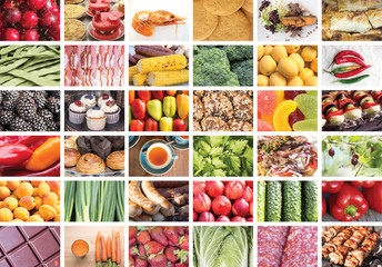 Big collage background with different food. Fast food,  healthy products, Sweets, desserts, vegetables, fruits  and drinks  in one.