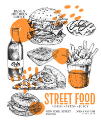 Hand drawn fast food banner. Engraved vector illustration. Burger, pizza, soda, french fries, bagel. Modern trendy typography. Restaurant, menu, street food flyer, poster.