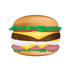 Cartoon Beef Burger With Onion, Tomato, Lettuce And Bread on White Background Vector Illustration.