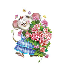 happy mouse with a bouquet