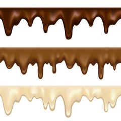 Dripping white chocolate melt. Candy brown and white milk splatters vector illustration, chocolates drops patterns on white