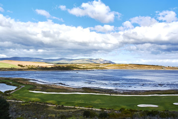 View of Botrivier Lagoon overlooking golf course arabella and mountains south-africa