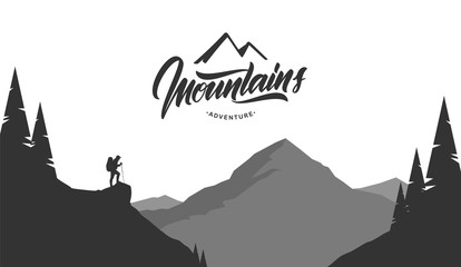 Obraz premium Cartoon mountains grayscale landscape with hiker on foreground