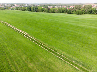 aerial view. bicyclist riding green field. trail road. city on background