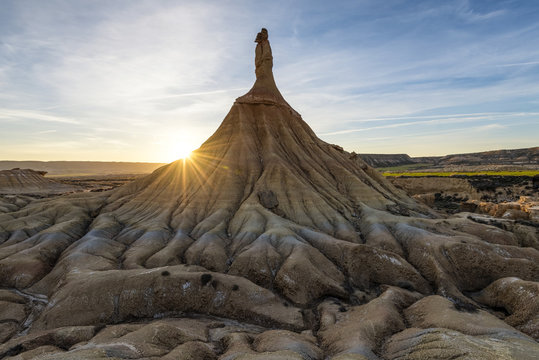Castildetierra at sunset. Castildetierra, Arguedas, Bardenas Reales natural park, Navarre, Spain, Europe