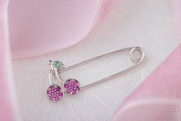 Cherry shaped pin brooch with pink crystals