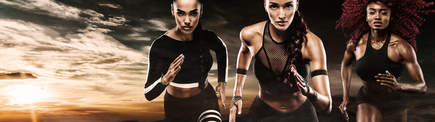 A strong athletic, women sprinter, running outdoor wearing in the sportswear, fitness and sport motivation. Runner concept with copy space.