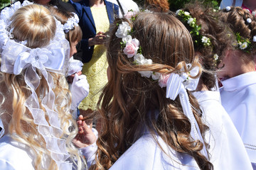 wreath of flowers on her hair girl, Holy Communion