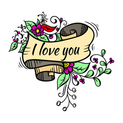 yellow ribbon with flowers leaves flowers, lettering decoration, postcard banner. vector illustration, black outline.