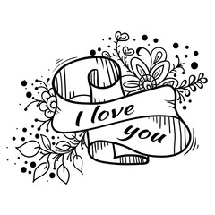 ribbon lettering flowers black outline on white background. I love you. pink flowers, green leaves.