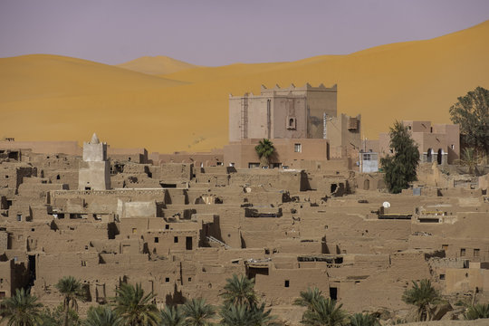 Panoramic view of Ksar of Taghit in Sahara desert oasis, Algeria