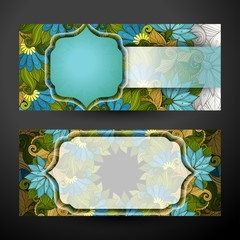 Set of Horizontal Banners, Web Design Element. Beautiful Abstract Flowers, Elegant Feminine Template. Corporate Identity, Flyer, Greeting Card, Invitation. Vector Illustration. Clipping Mask, Editable