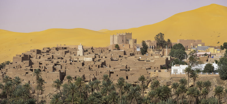 Panoramic view of Ksar of Taghit in Sahara desert oasis, Algeria